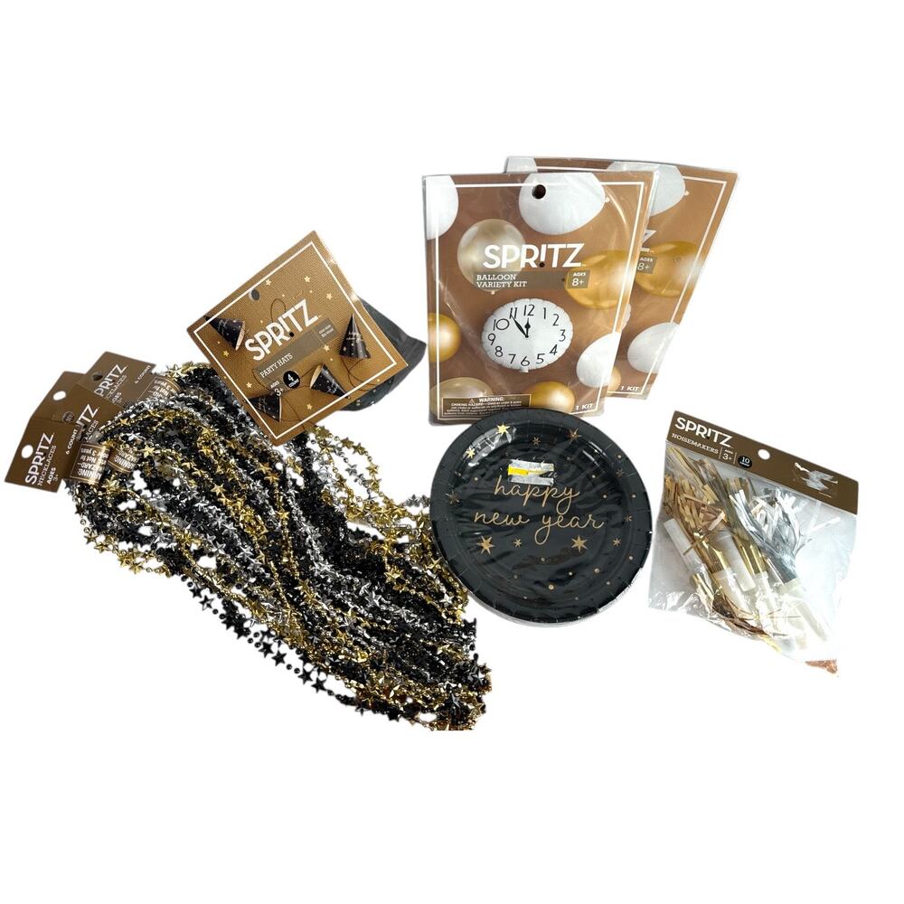 New Year’s Eve Party Supplies Bundle Spritz Black Gold Balloons Plates Hats NWT